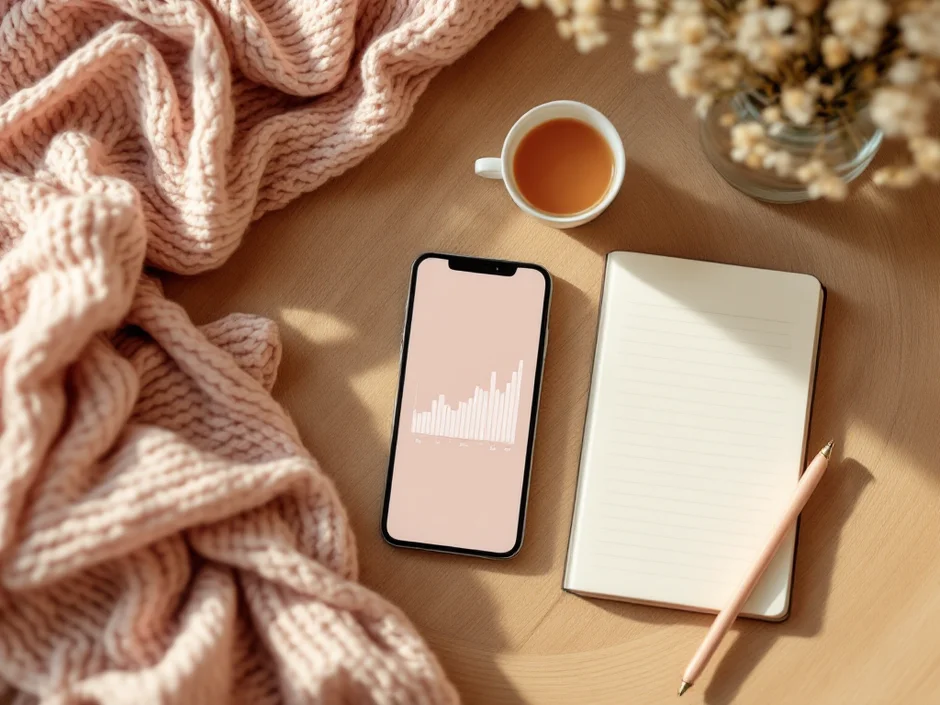基礎体温アプリを開いたスマホと手帳が並ぶリラックスした朝のシーン