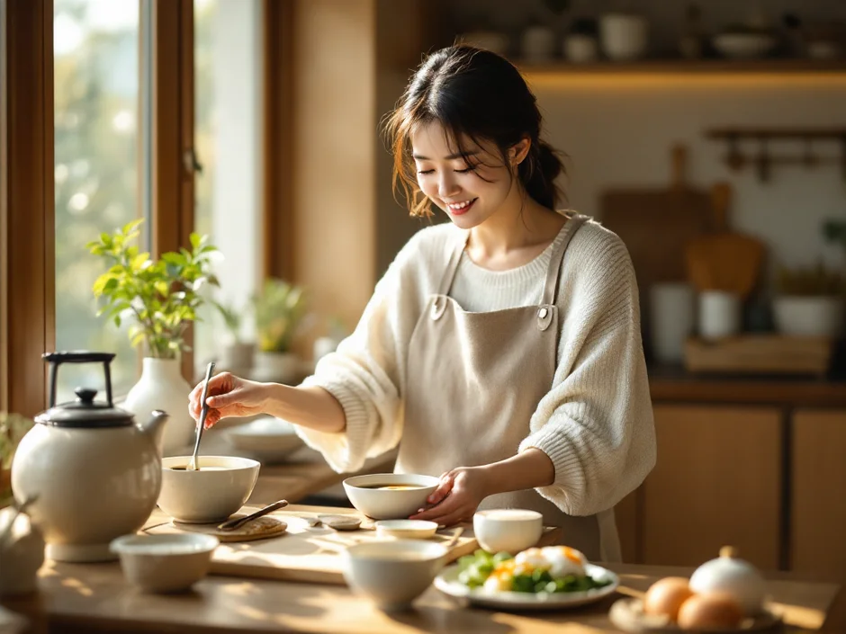 30代女性が朝の光の中で野菜・卵・味噌汁の妊活朝食を準備しているシーン