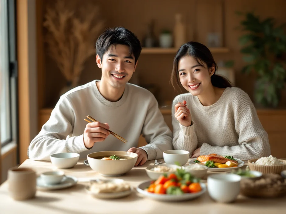 30代夫婦が朝の食卓で味噌汁・納豆・焼き魚・雑穀米のバランス朝食を一緒に食べているシーン