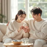 30代の夫婦がリビングで妊活サプリのボトルをやさしく見つめている温かいシーン