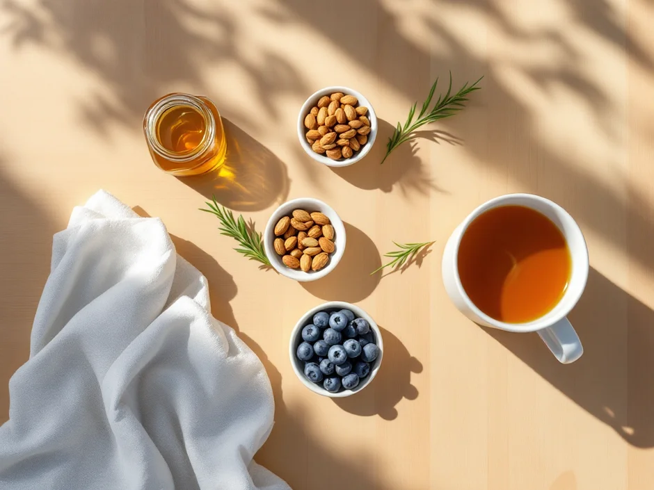 妊活期の体づくりを意識した朝のヘルシーな食材を並べた俯瞰のテーブルコーディネート