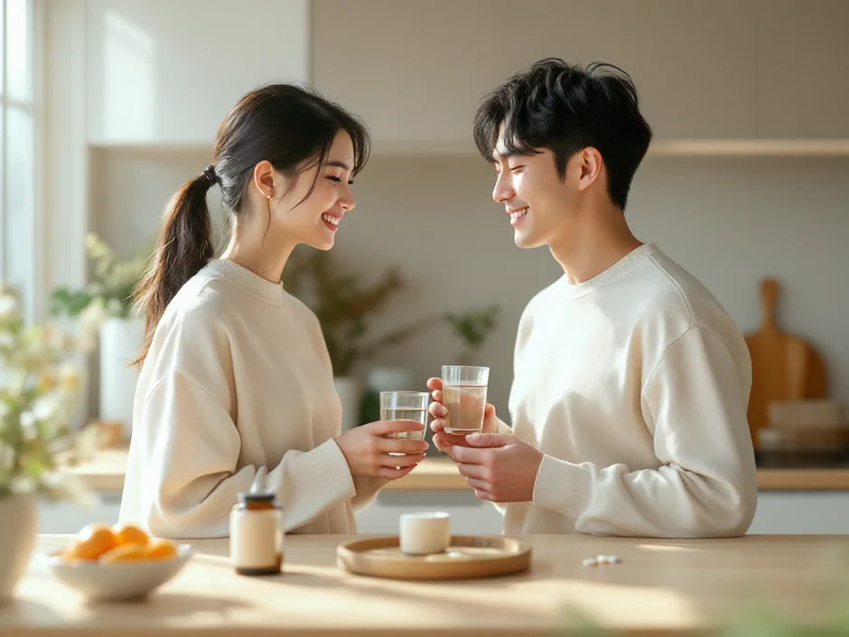 30代の夫婦がキッチンで水とサプリを手に向き合う朝のシーン