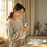 30代女性が葉酸サプリのボトルを手にやさしく見つめる朝のシーン