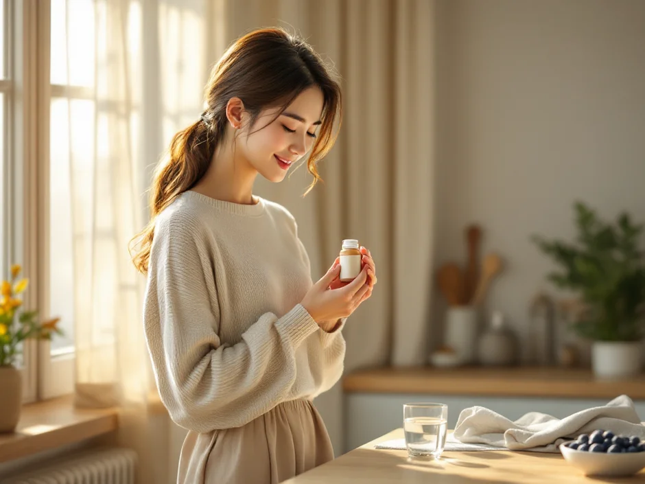 30代女性が葉酸サプリのボトルを手にやさしく見つめる朝のシーン