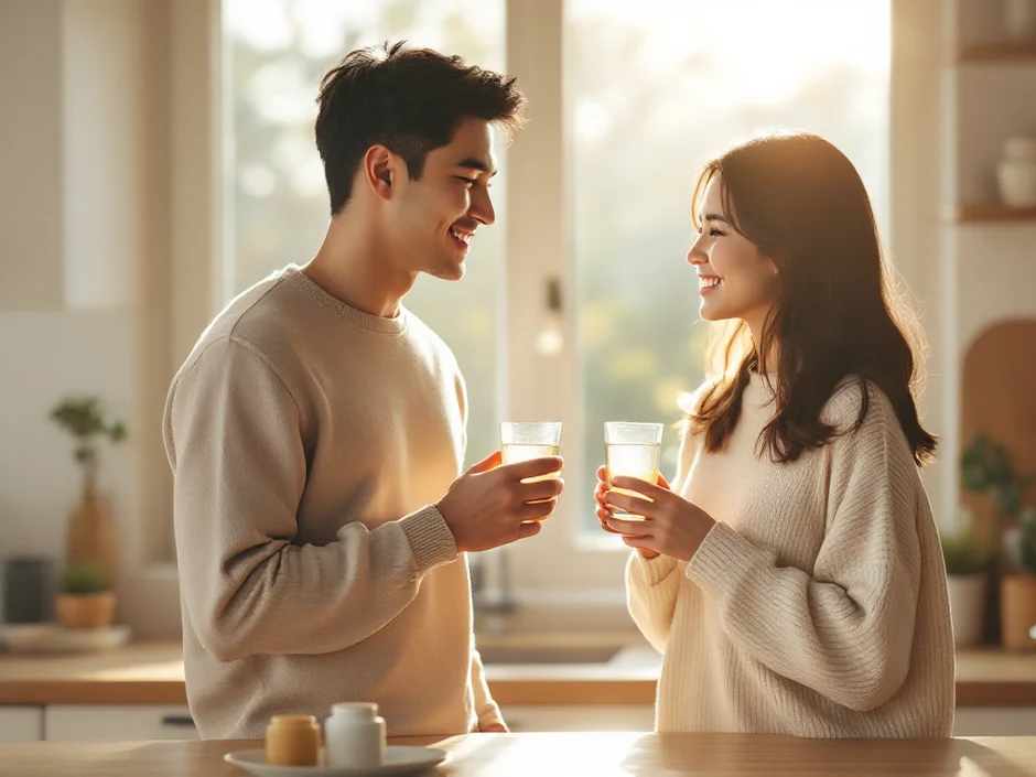 30代の夫婦がキッチンで水と葉酸サプリを手に向き合っている朝のシーン