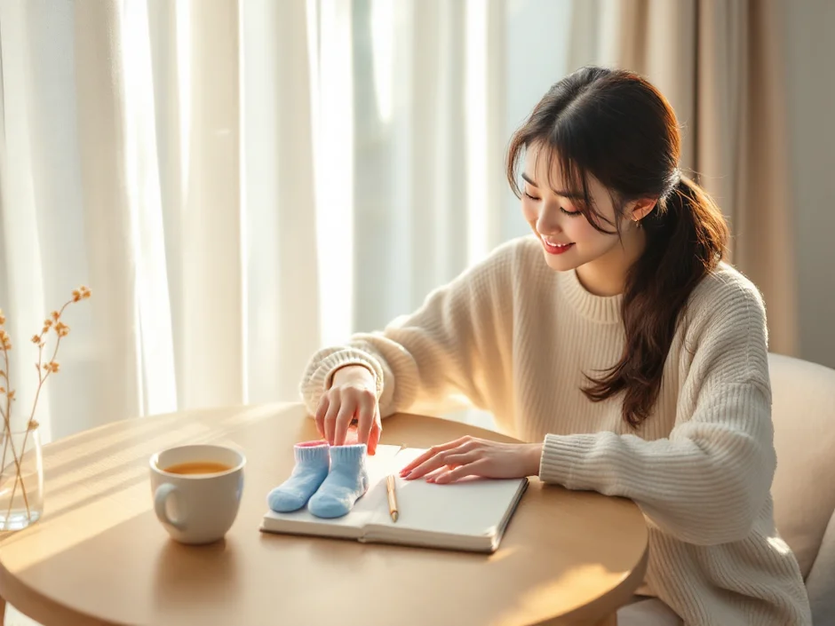 30代女性が朝の光の中でピンクとブルーのベビー靴下と妊活手帳を見つめているシーン