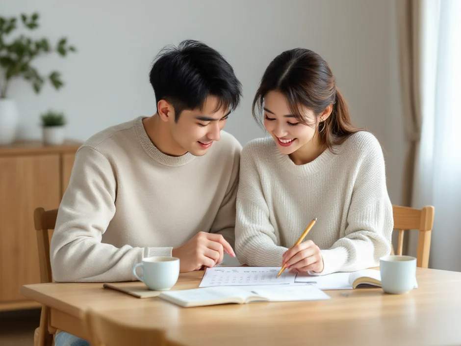 30代夫婦がカレンダーと基礎体温表を見ながら排卵日のタイミングを話し合っているシーン