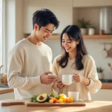 30代夫婦がキッチンで妊活サプリとハーブティーを手に朝食の準備をするやわらかなシーン