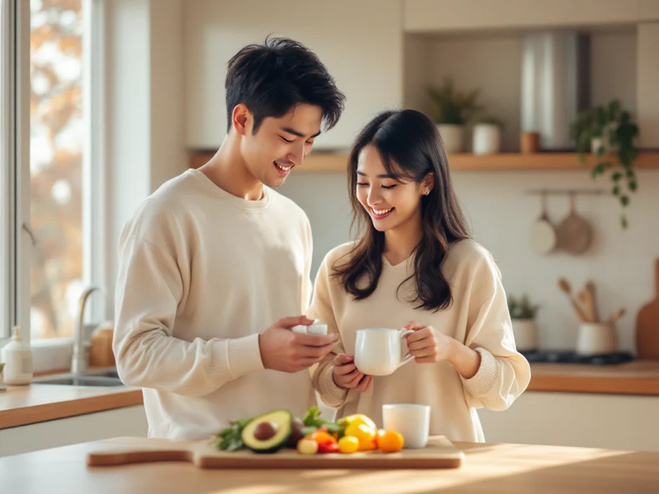 30代夫婦がキッチンで妊活サプリとハーブティーを手に朝食の準備をするやわらかなシーン