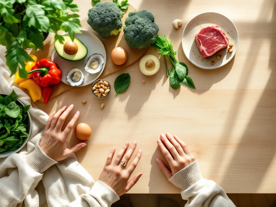 牡蠣・赤身肉・卵・ナッツ・緑黄色野菜が並ぶ妊活食材の俯瞰カット、夫婦の手元が見える
