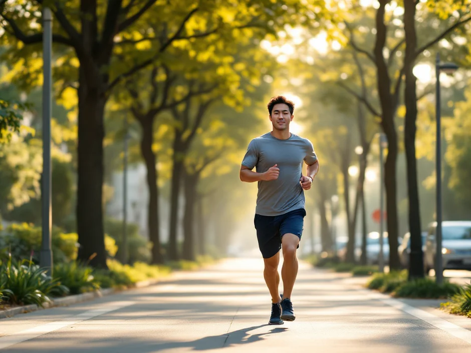 朝の街路樹の下を走る30代男性の爽やかなランニングシーン