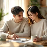 朝のダイニングで30代夫婦がカレンダーを広げ妊活の予定を穏やかに話し合うあたたかなシーン