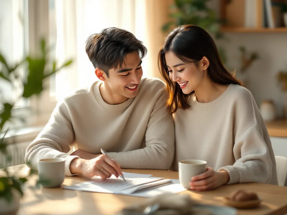 朝のダイニングで30代夫婦がカレンダーを広げ妊活の予定を穏やかに話し合うあたたかなシーン