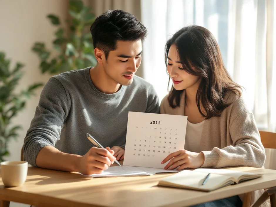ダイニングテーブルでカレンダーを広げ妊活の予定を話し合う30代の夫婦の朝のシーン