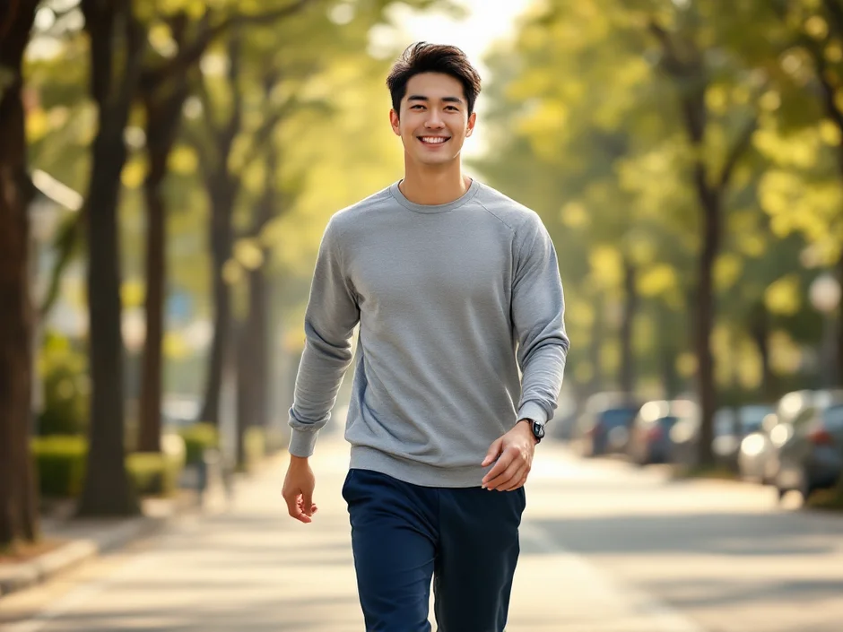 朝の街路樹の下でさわやかにウォーキングしている30代男性の健康的なシーン