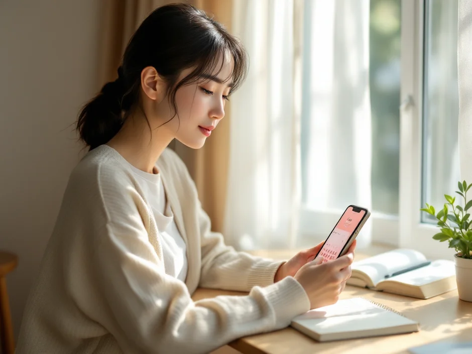 カレンダーとスマホで排卵日を確認する30代女性のやさしい横顔