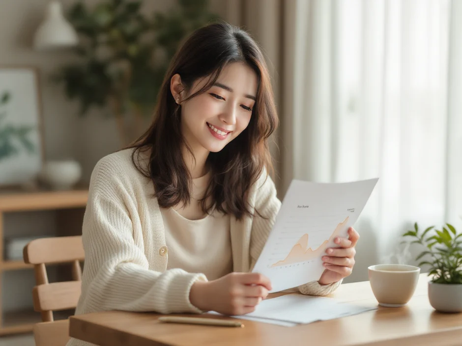 基礎体温グラフを眺めて穏やかに微笑む30代女性のリビングシーン