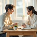 朝の食卓で夫婦が穏やかに妊活の話をしているやわらかなシーン