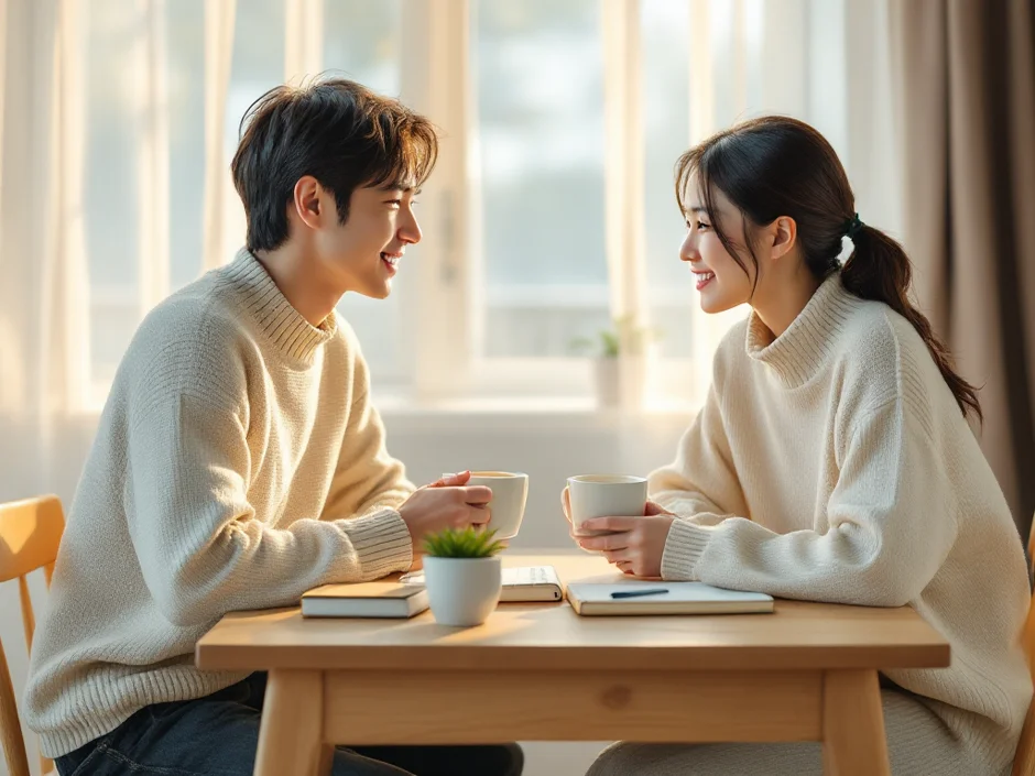 朝の食卓で夫婦が穏やかに妊活の話をしているやわらかなシーン