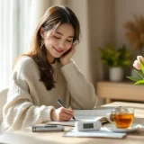 ノートと基礎体温計とカレンダーを前にほほえむ30代女性のやさしい朝のシーン