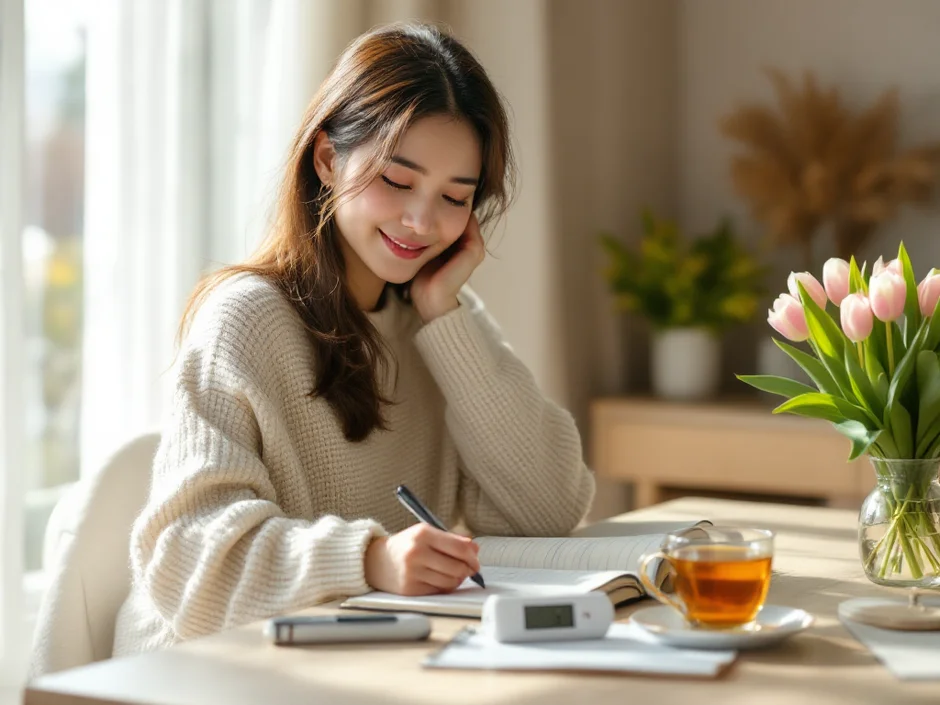 ノートと基礎体温計とカレンダーを前にほほえむ30代女性のやさしい朝のシーン