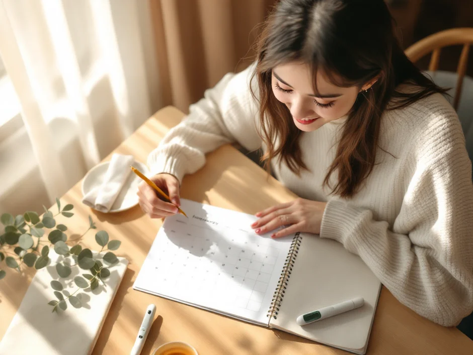 妊活カレンダーと基礎体温計を前にほほえむ30代女性のやさしい朝の俯瞰シーン
