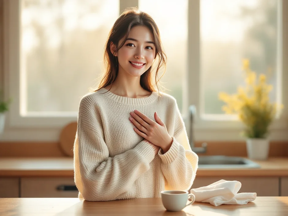 朝のキッチンで基礎体温計を手に穏やかに微笑む30代女性のやわらかな朝のシーン