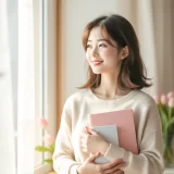 シリンジ法キットを手に、穏やかに微笑む30代女性の横顔