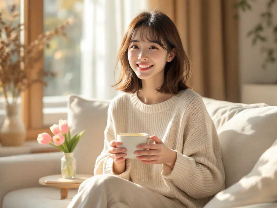 朝の光の中で穏やかに微笑む30代女性のリビングシーン