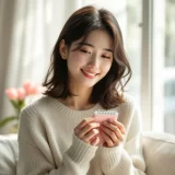 妊娠検査薬とカレンダーをそっと手に持ち、穏やかに微笑む30代女性