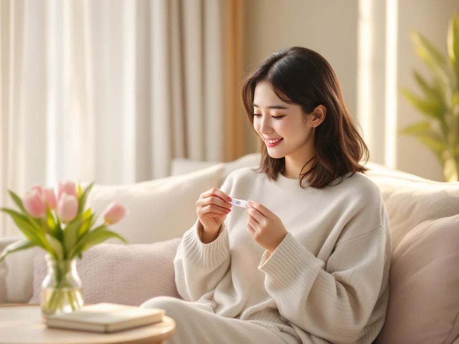妊娠検査薬の陽性反応を手に持つ30代女性のシーン