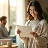 30代女性が窓辺でカレンダーをやさしく見つめている朝のシーン