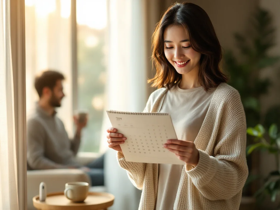 30代女性が窓辺でカレンダーをやさしく見つめている朝のシーン