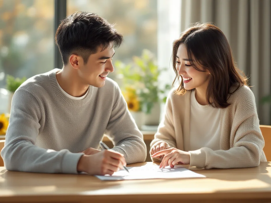 30代の夫婦がダイニングテーブルで妊活について穏やかに話し合っている朝のシーン