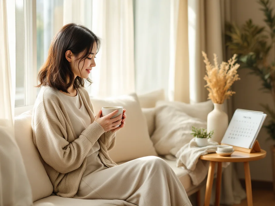 30代女性が窓辺のソファでハーブティーのマグを両手で包みリラックスしている穏やかなシーン