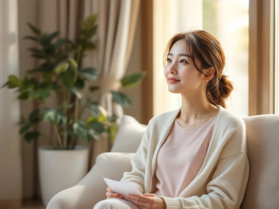 30代女性がクリニックの窓辺でやわらかい光に包まれて静かに考え事をしているシーン