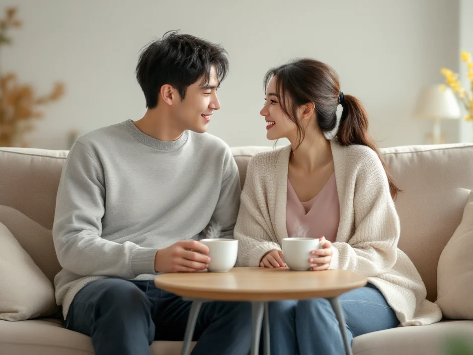 30代の夫婦がリビングのソファで温かい飲み物を前にステップアップを話し合っているシーン