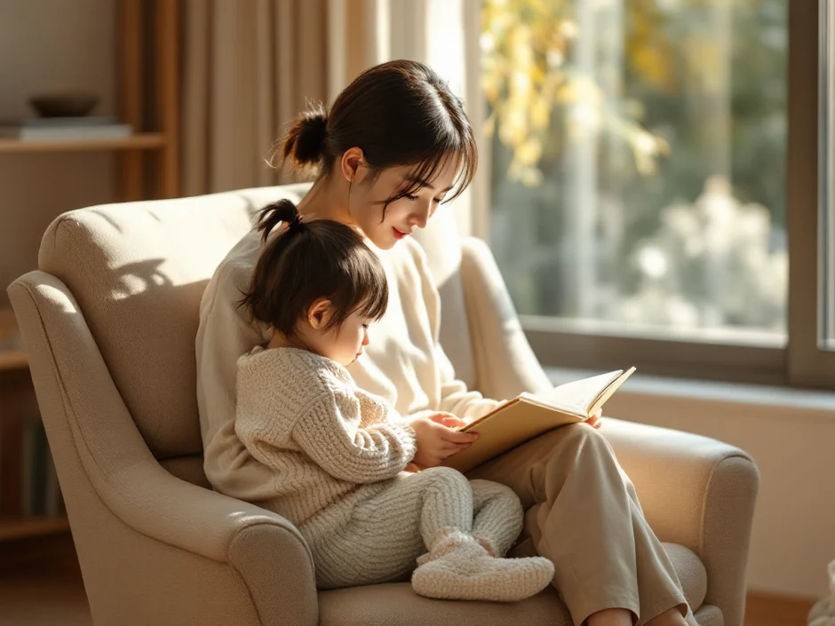30代女性が窓辺で本を読みながら男の子の産み分けについて考えるシーン｜希望ある光の中で自分を労る経産婦のイメージ