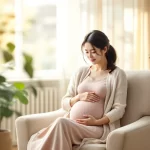 30代女性が朝の光の中で帝王切開後の二人目妊娠と静かに向き合うシーン｜経産婦が次の妊娠に思いを巡らせるイメージ