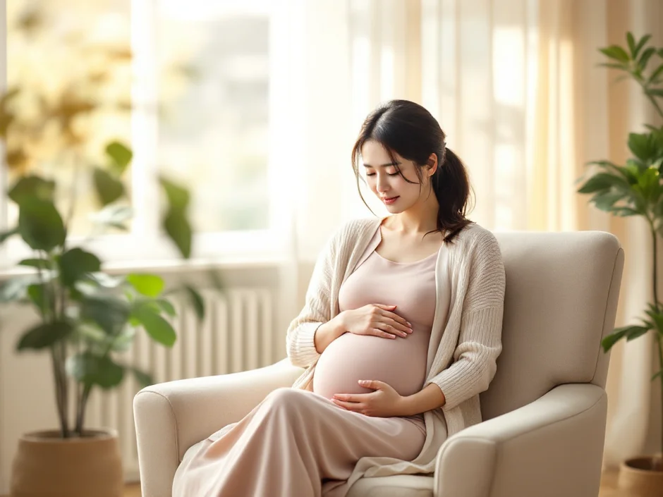 30代女性が朝の光の中で帝王切開後の二人目妊娠と静かに向き合うシーン｜経産婦が次の妊娠に思いを巡らせるイメージ