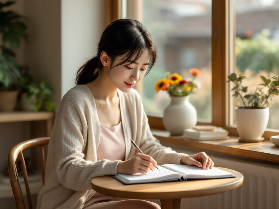 30代女性が手帳とカレンダーを見ながら次の妊娠タイミングを確認するシーン｜帝王切開後の二人目妊娠を考える経産婦のイメージ