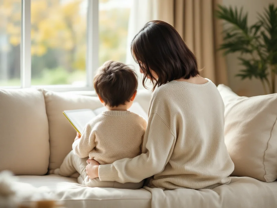 30代女性と幼児が一緒に絵本を読んでいるシーン｜帝王切開後の二人目入院前に上の子と過ごすイメージ