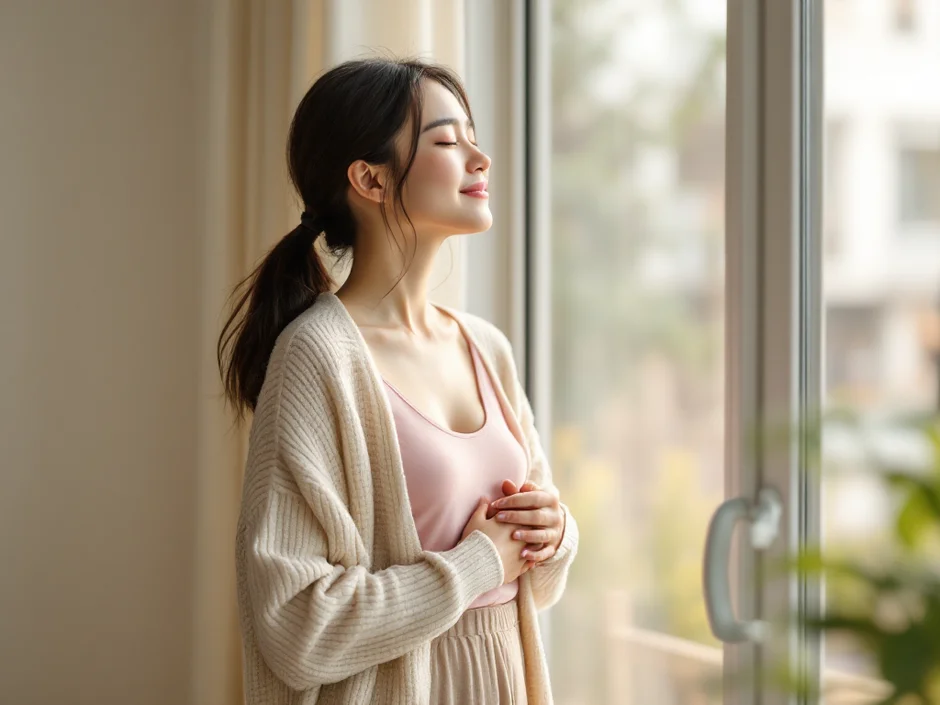 30代女性が窓辺で深呼吸し心を整えるシーン｜帝王切開後の二人目妊娠を考える経産婦のイメージ