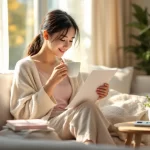 30代女性が穏やかな朝の光のなか妊娠超初期症状に気づき自分の体と向き合っているシーン｜妊娠超初期症状の9つのサインとPMSとの見分け方