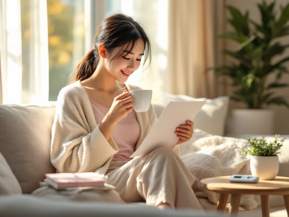 30代女性が穏やかな朝の光のなか妊娠超初期症状に気づき自分の体と向き合っているシーン｜妊娠超初期症状の9つのサインとPMSとの見分け方