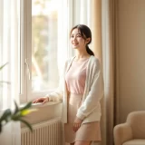 30代後半の女性がクリニック診察室の窓辺で穏やかに未来を見つめるシーン｜卵子凍結を考えはじめた瞬間の象徴
