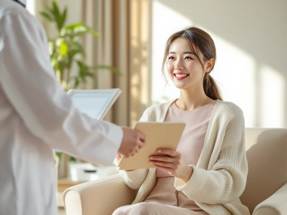 30代女性が診察室で医師から説明資料を受け取る穏やかなシーン｜卵子凍結の流れと採卵スケジュールの説明を象徴
