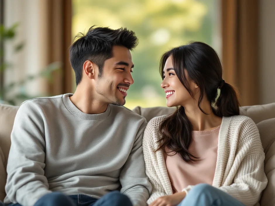 30代後半の夫婦がリビングのソファに並んで座り選択肢について前向きに話し合うシーン｜卵子凍結を含む将来の選択を夫婦で共有