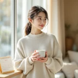 30代女性がリビングでハーブティーを手に考え込んでいるシーン｜妊活中のお酒