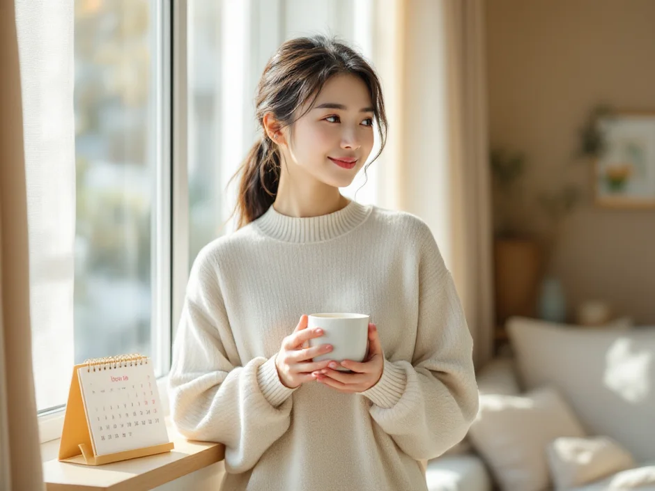 30代女性がリビングでハーブティーを手に考え込んでいるシーン｜妊活中のお酒